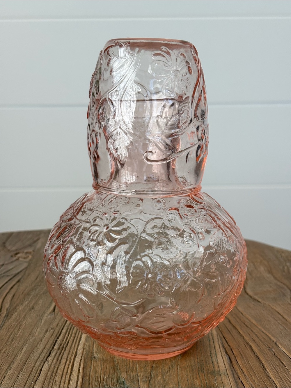 Vintage Pink Floral Depression Glass Bedside Carafe "tumble-up"